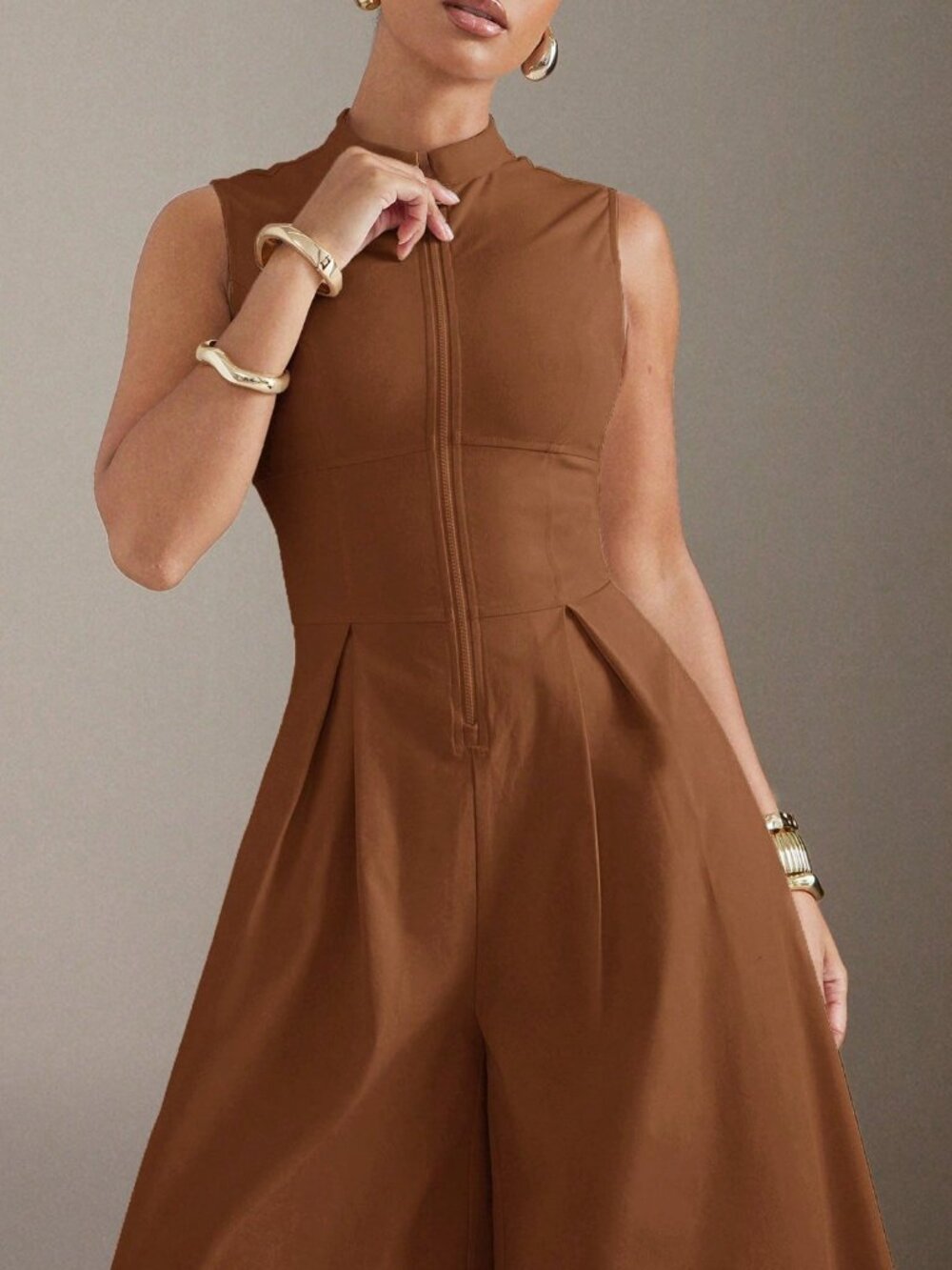 Rust Brown Elegant Women's Extreme Wide Leg Zip Front Sleeveless Jumpsuit - Picture 3 of 5